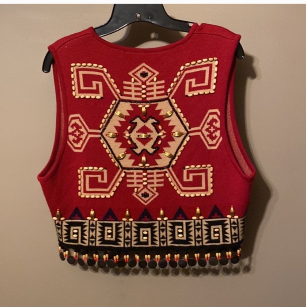 Andrea Jovine Vtg Festival Southwest Aztec Tribal Red Wool Crop Vest Beaded S